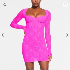 SKIMS Neon Pink Lace Mini Dress